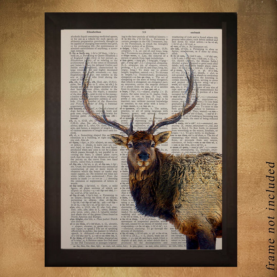 Elk Dictionary Art Print Stag Antlers Wildlife Animal Upcycled Etsy