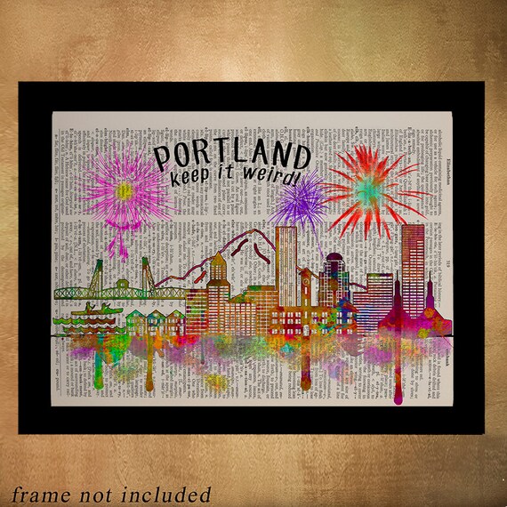 Portland Oregon Skyline Dictionary Art Print Pdx Silhouette Watercolor Upcycled Book Wall Art Home Decor Da679