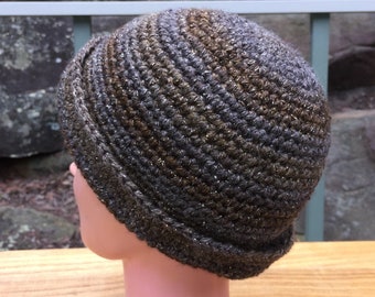 Sombrero de ganchillo - sombrero marrón - sombrero de cloche - sombrero gatsby de ganchillo - cloche de ganchillo - sombrero brillante - sombrero marrón y gris - Jennifree Designs