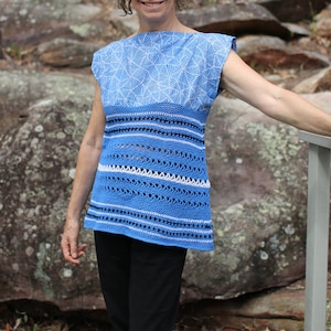 Fabric and crochet top - Blue and white top - cotton top - summer top - sleeveless top - Aboriginal print top - Jennifree Designs