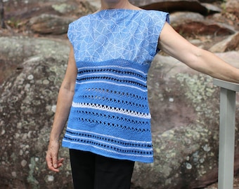 Top de tela y ganchillo - Top azul y blanco - top de algodón - top de verano - top sin mangas - Top de estampado aborigen - Jennifree Designs