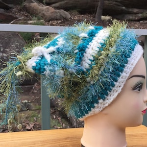 Sea-green hat - teal, cream and chartreuse crocheted hat - textured hat - winter hat - slouchy hat - fluffy hat - Jennifree Designs
