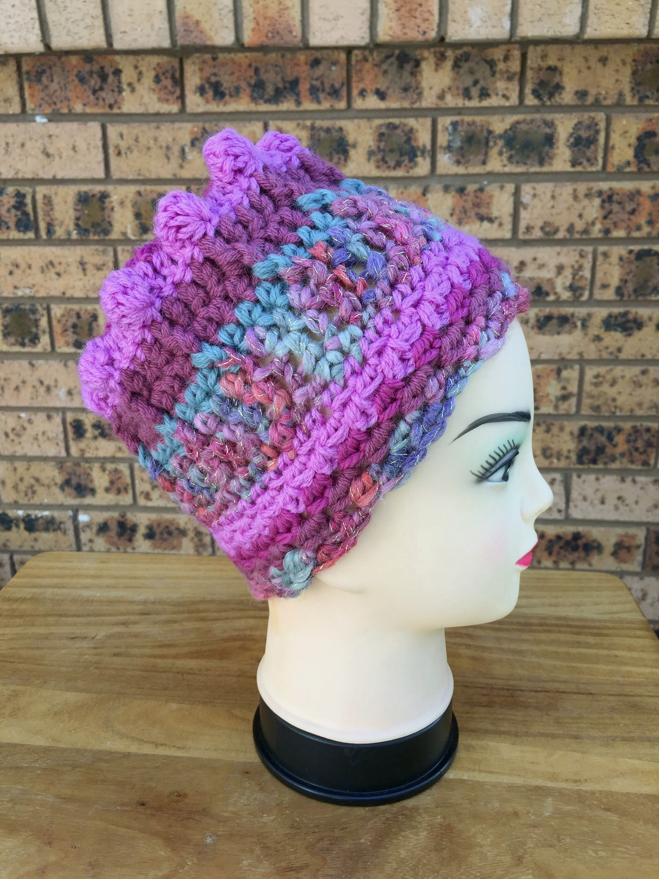Crochet Hat Pink and Grey Hat Flat Top 