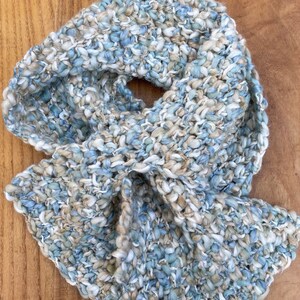 Textured duck-egg-blue, fawn and cream crocheted scarf - keyhole scarf – Jennifree Designs