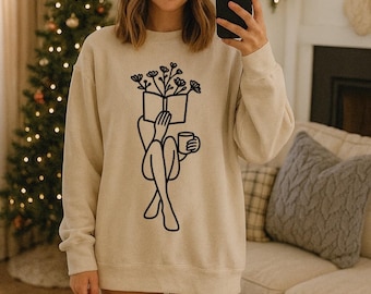 Line Art Woman Reading Book with Flowers Crewneck Sweatshirt • Minimal Book Lover Design • Blooming Bookish Reader Sweatshirt  Minimal