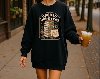 Open to Book Recs-sweater • Bookish Reader ronde hals • Booktok esthetisch leesshirt • Retro boekenliefhebber cadeau • Gezellige bibliofiel