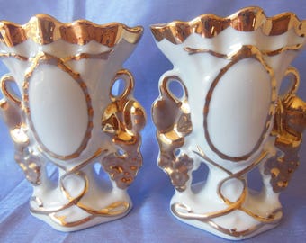 Pair Vintage Vases Porcelain with Gold Gilt 5" tall  Made in Belgium & numbered
