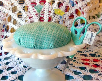 Handcrafted Milk Glass Pincushion: Lori Holt Aqua Fabric & Stork Scissors