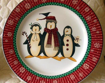 Sakura Debbie Mumm *Penquins* Design Chop Plate Christmas Serving Tray Platter. XLNT
