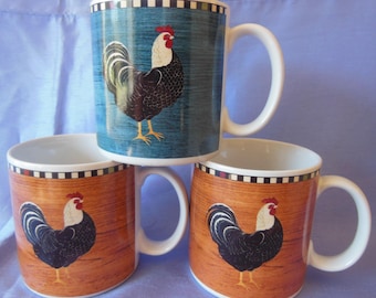 Vintage Warren Kimble Rooster Stoneware Mugs, Set of 3, 1999