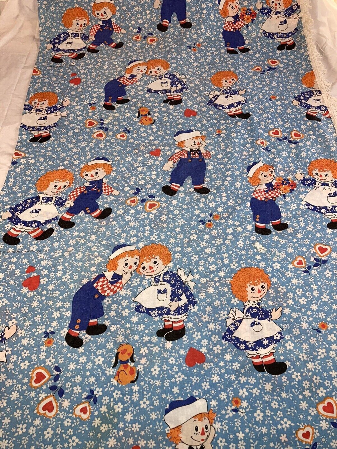 VTG Sears Raggedy Ann & Andy Blue Fringed Twin Bedspread Coverlet