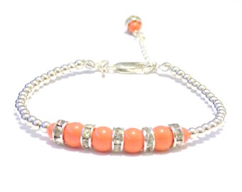 Sterling silver bead bracelet, bead bracelet, silver bracelet, Sterling silver bracelet, coral bracelet, coral beaded bracelet