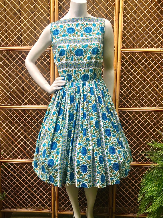 1950s Blue, Green and White Floral Cotton Dress