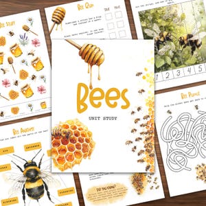 May include: A printable educational activity booklet about bees. The booklet includes a bee anatomy diagram, a bee quiz, a bee puzzle, and a bee stuff activity. The booklet is illustrated with watercolor drawings of bees, honeycombs, and flowers.