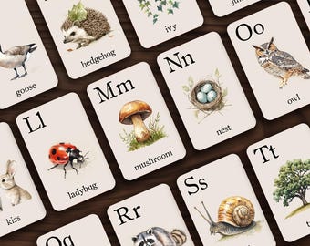 May include: A set of alphabet flash cards featuring watercolor illustrations of animals, plants, and objects. Each card has a letter of the alphabet, a picture, and the word for the picture. The letters are in uppercase and the words are in lowercase. The cards are on a wooden surface.