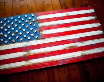 American Vintage Flag, US Weathered Wood Flag, US Flag, US Weathered Wood Flag, Wooden Flag, Wall Art, Vintage, Antique, Red, White, Blue