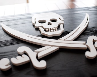 Jolly Roger Pirate Wood Flag, Calico Jack Flag, Pirate Flag, 3D, Wooden, vintage, art, wall art, Pirate, Skull and Crossbones, home decor