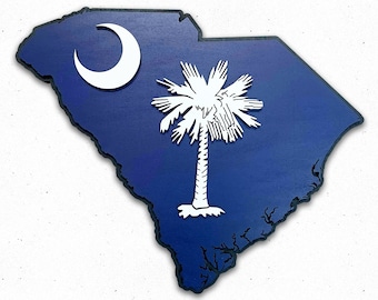 South Carolina State Shape Wood Flag, South Carolina Flag, SC State, Wood, State Flag, Charleston, Clemson, USC, Gamecocks, Panthers, Map