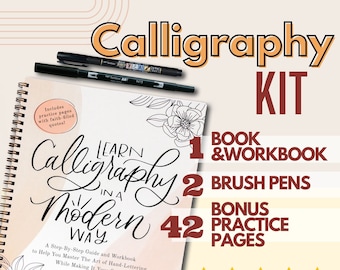 Calligraphy Handlettering Kit + 2 brush pens + FREE worksheets, Learn Calligraphy in a Modern Way Book, Guide and Workbook, tutorial, font