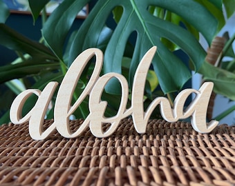 Aloha Beachy Wooden Freestanding Sign - Hawaii Cutout Stand-Alone Sign - Shelf Wall Decor - Welcome Sign - Family - Wedding - Nursery