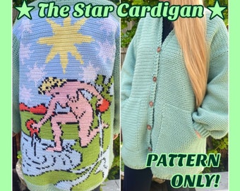 May include: A crochet cardigan with a green color and a graphic design of a star sign on the back. The text "The Star Cardigan" and "PATTERN ONLY!" is visible on the image.