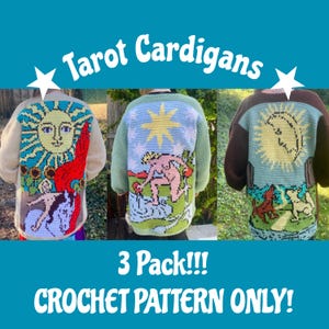 以下が含まれることがあります： タロットをテーマにしたデザインの、3つの手編みカーディガン。カーディガンには、太陽、星を持つ人物、月の画像が描かれています。「Tarot Cardigans」と「3 Pack!!! CROCHET PATTERN ONLY!」の文字が表示されています。