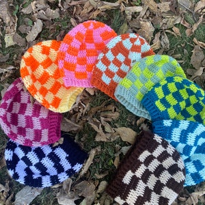 Crochet Beanie, Retro Checkered Beanie, Hat, Beanie