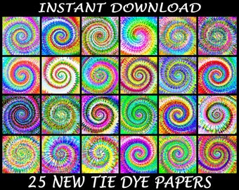 25 Tie Dye Papers in Rainbow Colors - Psychedelic TyeDye Jpg Printable Digital Papers - Commercial Use Ok