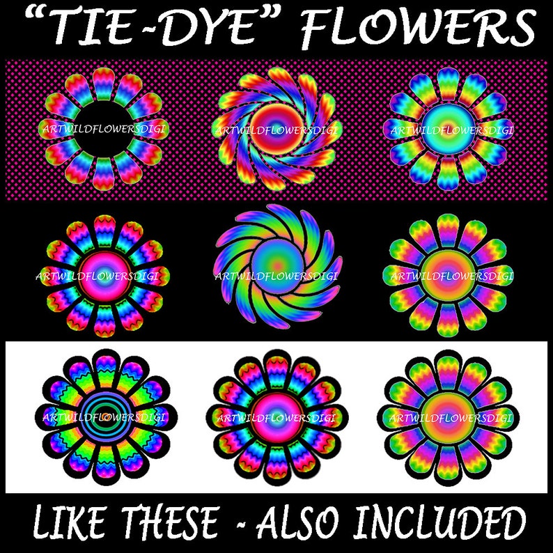 Large ClipArt Flowers Floral Clip Art Images 2.5 Printable TieDye Psychedelic & Solid Colors with Transparent Background image 3