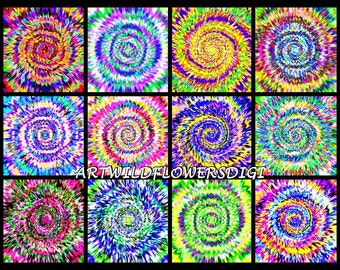 Tie Dye Papers, Rainbow Tie-Dye Digital Scrapbook Set, 12 Printable Psychedelic Tye Dye Paper