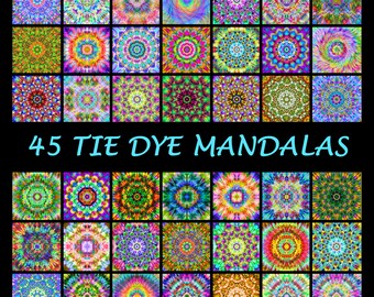 45 Tie Dye Mandala Images - Printable Psychedelic Rainbow Tye Dyes - Jpg Digital Paper - Commercial Use Ok