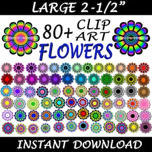 Large ClipArt Flowers Floral Clip Art Images 2.5 Printable TieDye Psychedelic & Solid Colors with Transparent Background image 1