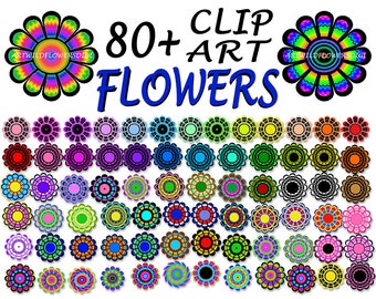Large ClipArt Flowers - Floral Clip Art Images - 2.5" Printable TieDye Psychedelic & Solid Colors with Transparent Background