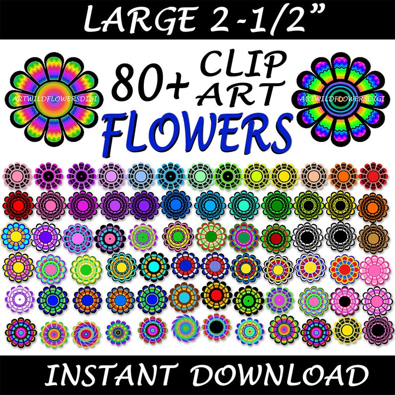 Large ClipArt Flowers Floral Clip Art Images 2.5 Printable TieDye Psychedelic & Solid Colors with Transparent Background image 1