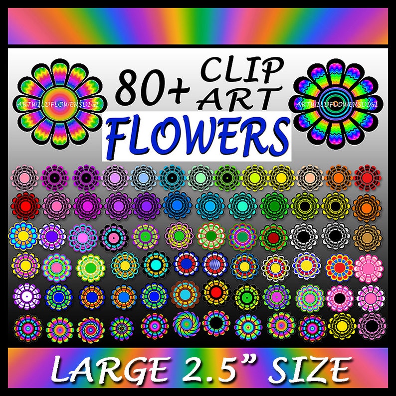 Large ClipArt Flowers Floral Clip Art Images 2.5 Printable TieDye Psychedelic & Solid Colors with Transparent Background image 5