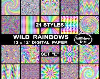 Rainbow Paper Set - Wild Rainbows Digital Papers in 21 styles - Printable Psychedelic Images - 12" Tie Dye Digi Backgrounds - Set E