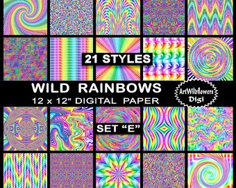 Rainbow Paper Set - Wild Rainbows Digital Papers in 21 styles - Printable Psychedelic Images - 12" Tie Dye Digi Backgrounds - Set E