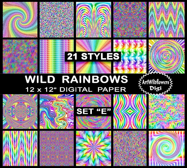 Rainbow Paper Set Wild Rainbows Digital Papers en 21 styles Images psychédéliques imprimables Fond Digi Tie Dye 12 Set E image 1