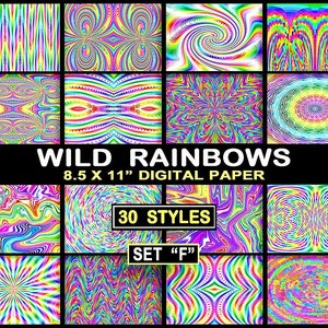 30 Wild Rainbows Psychedelic Digital Paper in 30 styles Tie Dye Digital Rainbow Paper 8.5 x 11 inch TieDye Images Commercial Use image 1