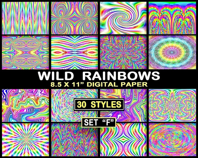 30 Wild Rainbows Psychedelic Digital Paper in 30 styles Tie Dye Digital Rainbow Paper 8.5 x 11 inch TieDye Images Commercial Use image 1