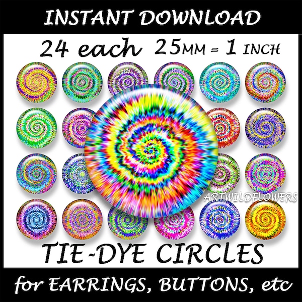 Tie Dye Rainbow Circles 25mm = 1 inch Rainbow Colors - 24 Printable ClipArt for Earring, Jewelry & Button Making - Commercial Use