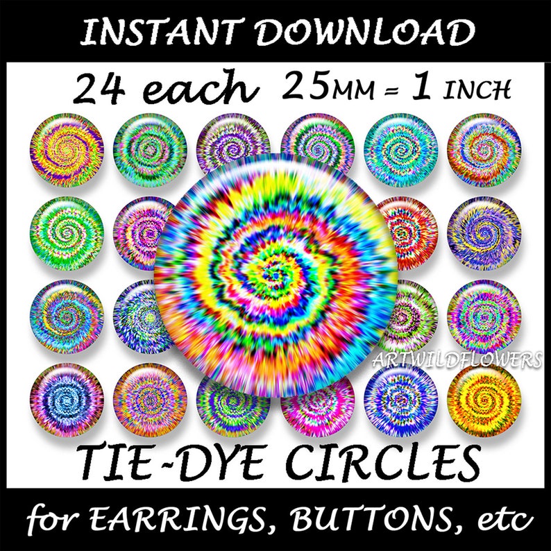 Tie Dye Rainbow Circles 25mm 1 pouce Rainbow Colors 24 ClipArt imprimable pour boucles doreilles, bijoux et boutons Utilisation commerciale image 1