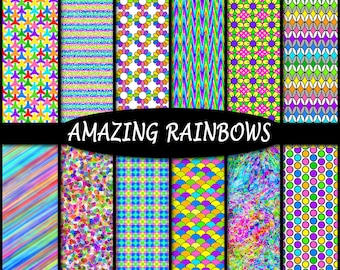 Rainbow Paper Set - Amazing Rainbows Printable Papers, Bright Colors Flowers Dots & Patterns - Commercial Use