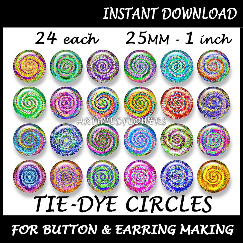 Tie Dye Rainbow Circles 25mm 1 pouce Rainbow Colors 24 ClipArt imprimable pour boucles doreilles, bijoux et boutons Utilisation commerciale image 3