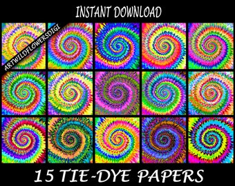 Tie Dye Digital Paper - Rainbow TieDye Printable Images - 12" Tie-Dye ClipArt - Commercial Use Tie Die Set