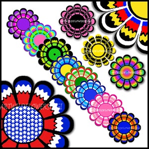 Large ClipArt Flowers Floral Clip Art Images 2.5 Printable TieDye Psychedelic & Solid Colors with Transparent Background image 2