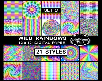 Rainbow Digital Paper in 21 styles - Digital Rainbow Paper - Wild Rainbows Set C - 12x12" - Psychedelic Tie Dye Digi Papers