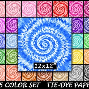 35 Tie Dye Digital Papers, Large TieDye Paper, Fun Printable Tye-Dye Set, 12x12 inch, for Scrapbooking & Commercial Use