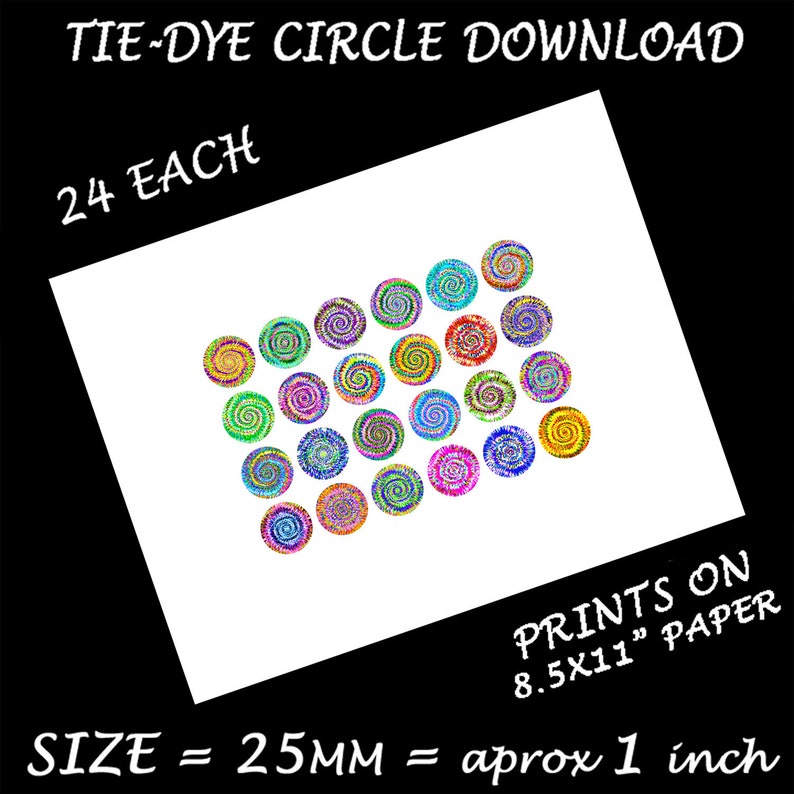 Tie Dye Rainbow Circles 25mm 1 inch Rainbow Colors 24 Printable ClipArt for Earring, Jewelry & Button Making Commercial Use image 2