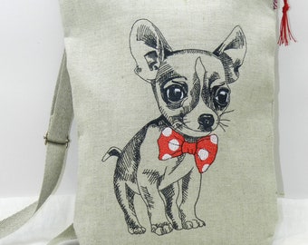 Chihuahua Dog embroidery bag , LINEN cross-body bag